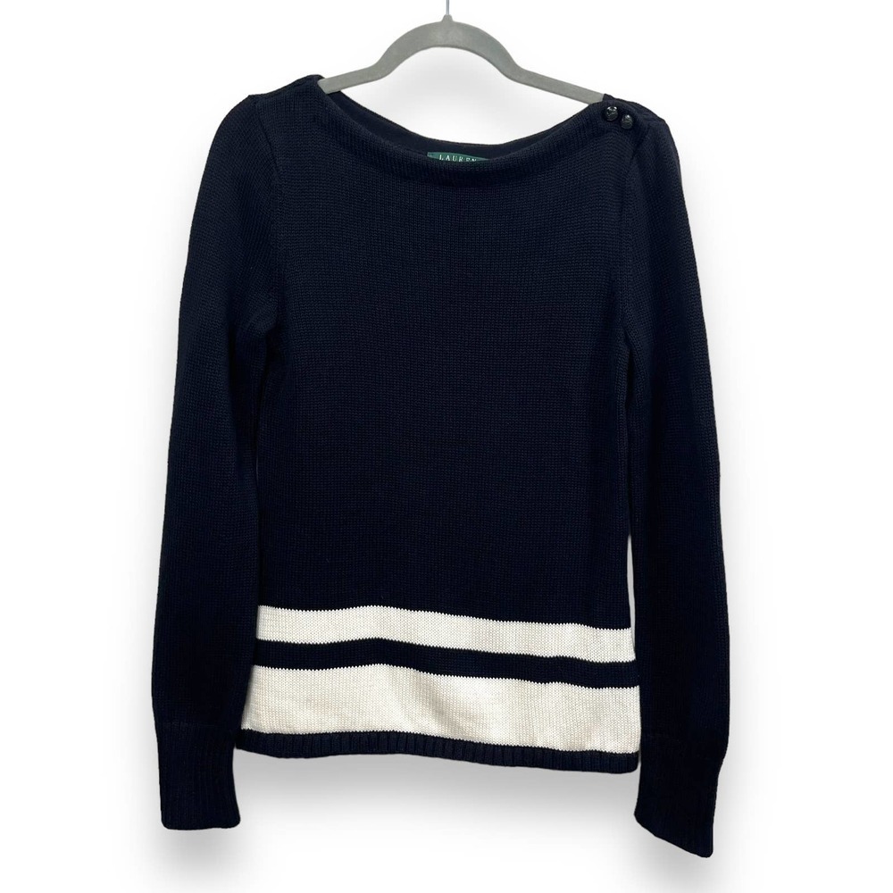 Sweater Womens Medium Blue White Lauren Ralph Lauren Cotton Striped Knit